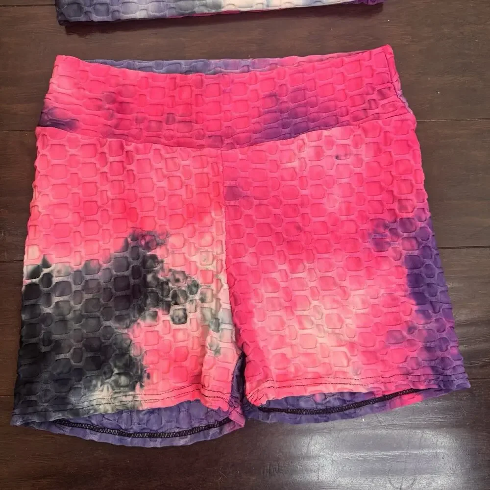 AQ-SPORT 2 Pc Matching Workout Set Sports Bra Biker Shorts Tie Dye Honeycomb M